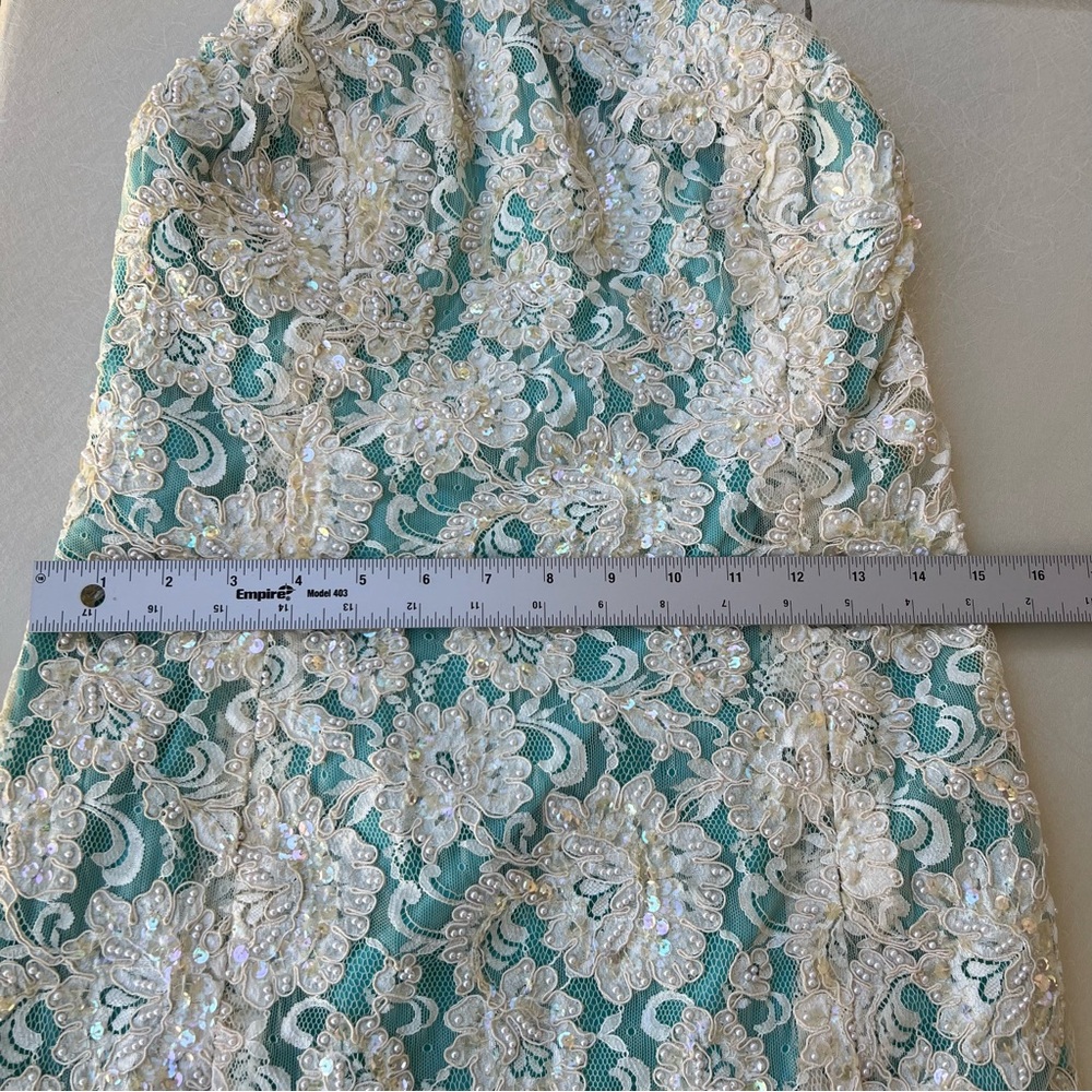 Vintage High-Neck Aqua Midi Dress Lace Overlay with embroidery pearl Size XS - Picture 9 of 9